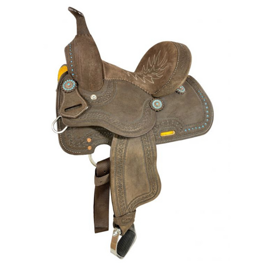 10" Double T  Barrel style saddle with Teal buckstitch accents