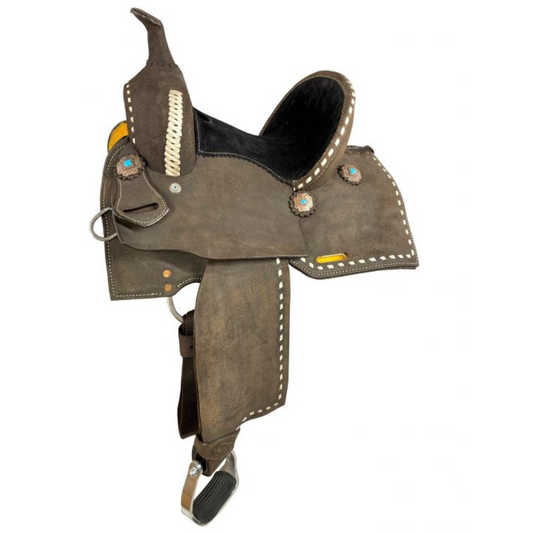 10" Double T  Barrel style saddle with White buckstitch accents