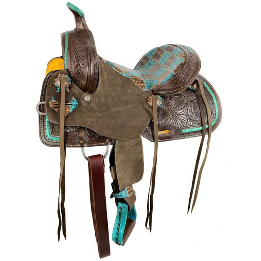 12" Double T  Barrel style saddle with teal gator patchwork pattern