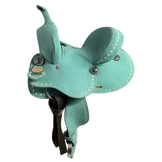 10" Double T Barrel style saddle with Teal Rough out leather