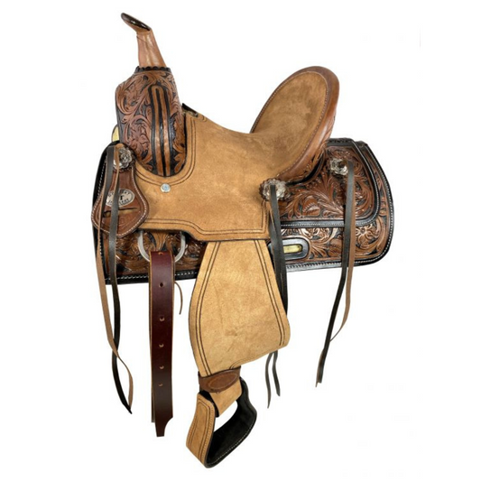 10" Double T  Youth ranch style saddle with Two-Tone floral tooling