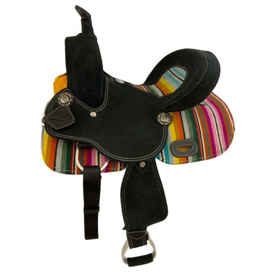 12" Double T Youth Black Roughout Barrel Saddle with Serape Wool Rug Accents.