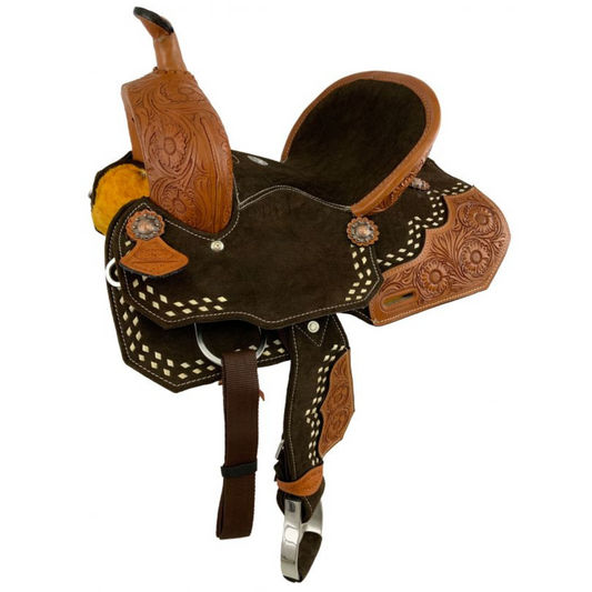 12" Double T Youth Brown Suede Barrel Saddle With Floral Tooling and White Buckstitching.