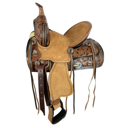 12" Double T  Youth ranch style hard seat saddle with a two-tone floral tooling