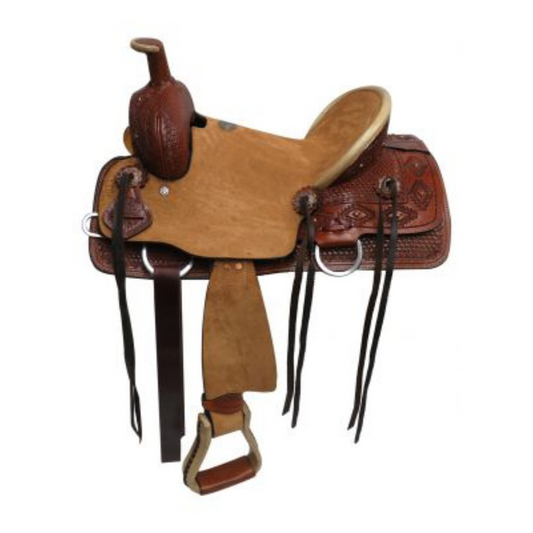 13" DOUBLE T YOUTH HARD SEAT ROPER STYLE SADDLE WITH BASKET WEAVE AND NAVAJO DIAMOND TOOL