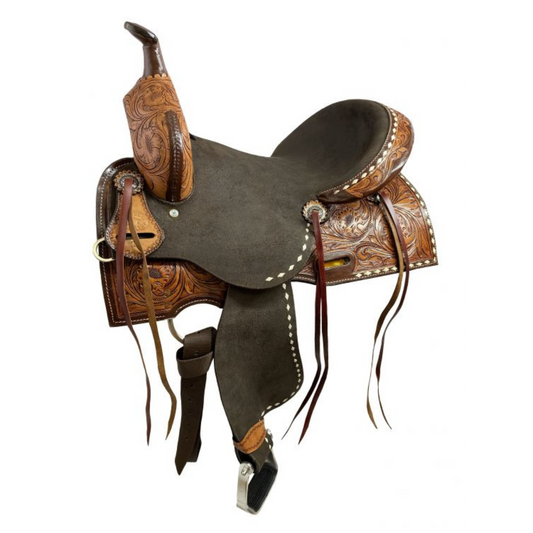 14", 15", 16" Double T Roughout Barrel Saddle With Floral Tooling and White Buckstitching.