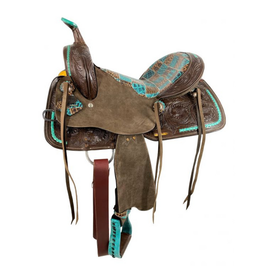 15" Double T  Barrel style saddle with teal gator patchwork pattern