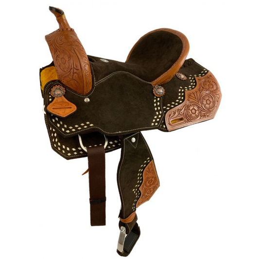 15" Double T Brown Suede Barrel Saddle With Floral Tooling and White Buckstitching.