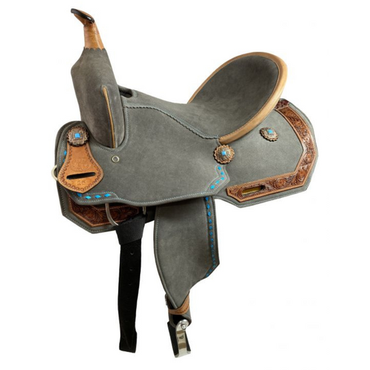 15" Double T Gray Suede Barrel Style Saddle With Teal Buckstitching