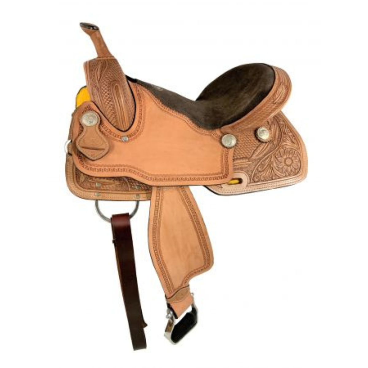 16" Double T combo basketweave/floral tooling Barrel Saddle Set with Brown Suede Seat