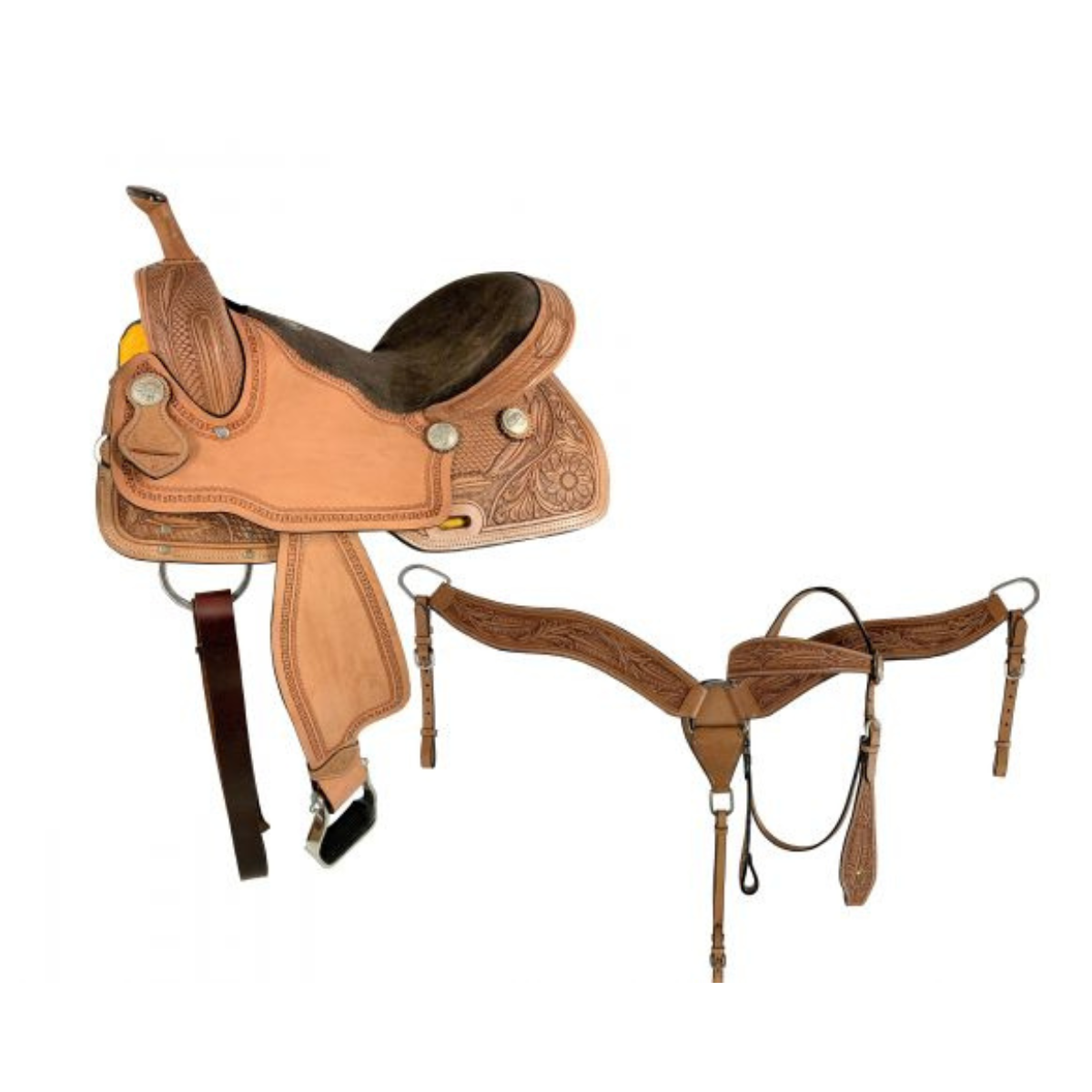 16" Double T combo basketweave/floral tooling Barrel Saddle Set with Brown Suede Seat