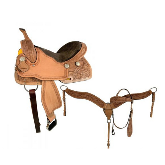 16" Double T combo basketweave/floral tooling Barrel Saddle Set with Brown Suede Seat