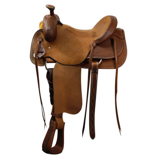 16"  Showman ® Roper saddle with basket weave tooling on skirt